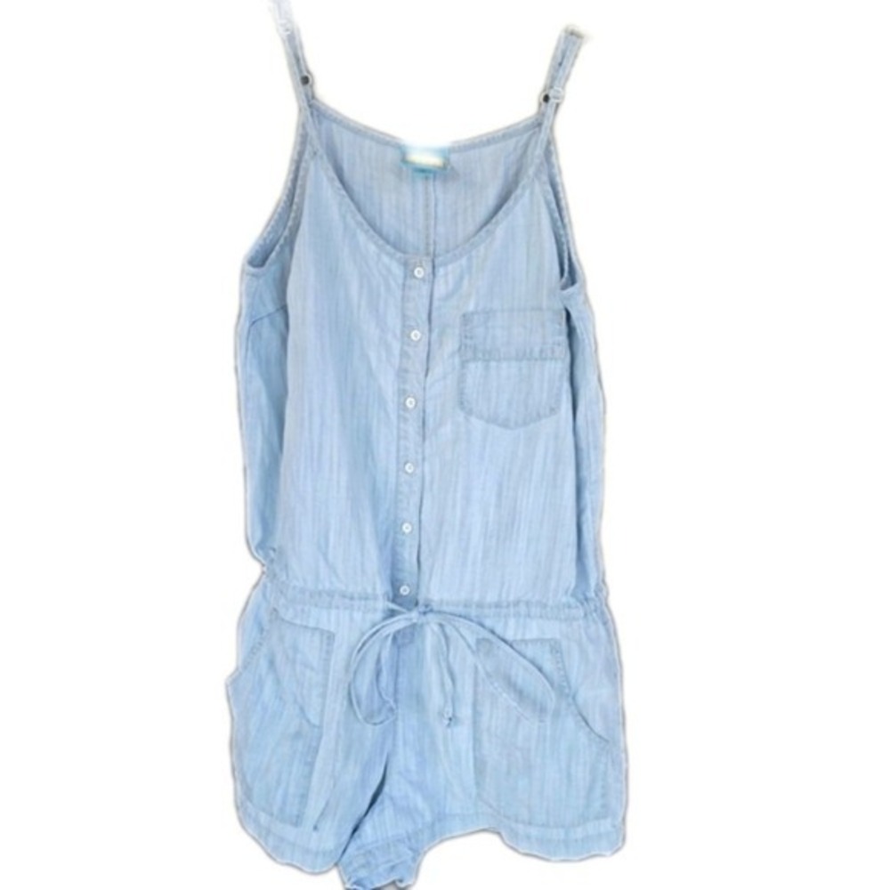 C&C California‎ Womens Small Light Blue Chambray Button Front Romper Drawstring